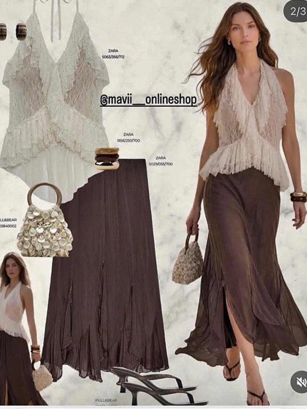 Zara Lace Frill Midi Skirt in Brown